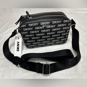 NWT DKNY Black All-Over Logo Double Zip Tutu Camera Crossbody Bag